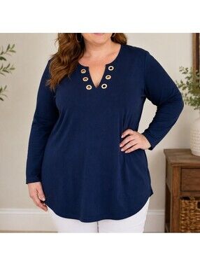 Quacker Factory Navy Blue Rhinestone Grommet Tunic Top 1X Coastal Nautical Prep